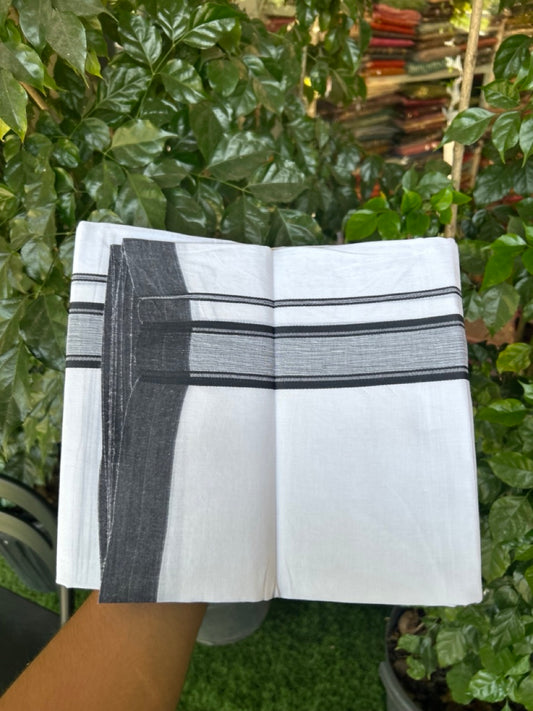Linen Dhoti New! 20% Discount from Kaitharikada.com - Double Mundu/Dhoti 80x90 Thread Pure White - Pure Cotton + Linen - 1.75 Inch Black Stripes Shaded Kara 4 mtr (8.5 muzham) - 18 KK5299 THI
