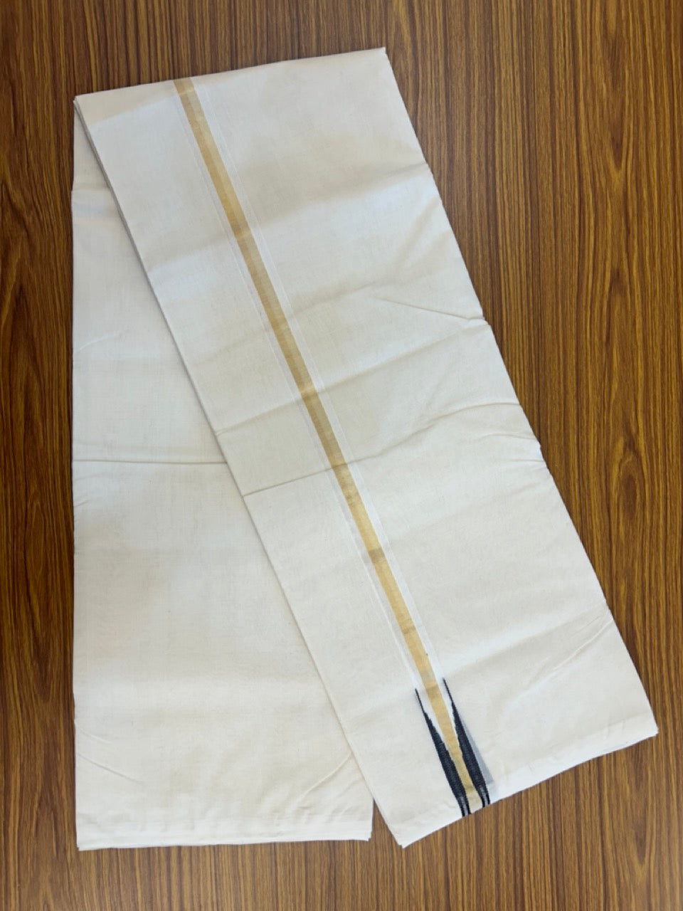 25% DISCOUNT!! KaithariKada HANDLOOM MILLPAAV Balaramapuram - 100% PURE Cotton OFF White Double - (Unbleached) Mundu/Dothi - 80X90 - 1 inch Puliyilakkara Black & Gold Kasavu chutty Kara 4 mtr (8.5 Muzham)- 52 KK5234 RAM