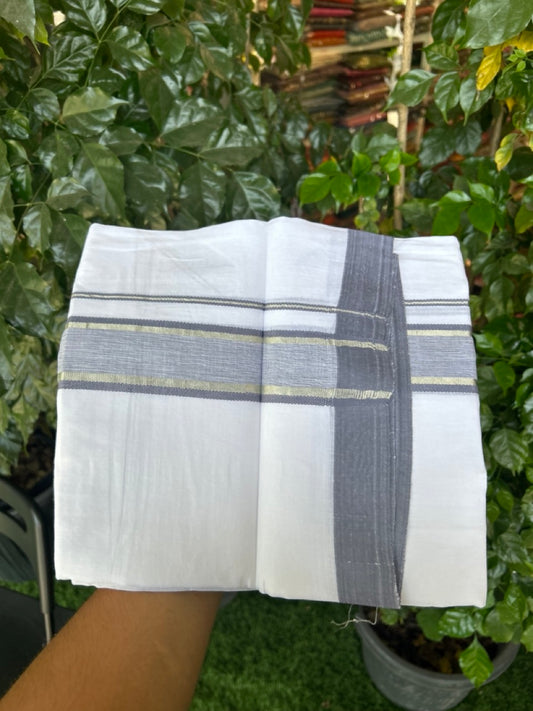 Linen Dhoti New! 20% Discount from Kaitharikada.com - Double Mundu/Dhoti 80x90 Thread Pure White - Pure Cotton + Linen - 1.75 Inch Purple Ash & Silver kasav Striped Kara 4 mtr (8.5 muzham) - 3 KK5299 THI