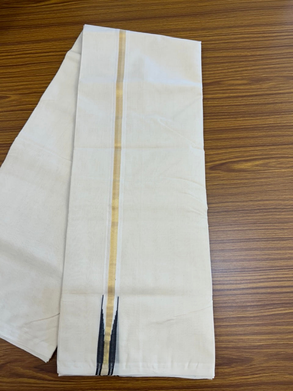25% DISCOUNT!! KaithariKada HANDLOOM MILLPAAV Balaramapuram - 100% PURE Cotton OFF White Double - (Unbleached) Mundu/Dothi - 80X90 - 1 inch Puliyilakkara Black & Gold Kasavu chutty Kara 4 mtr (8.5 Muzham)- 52 KK5234 RAM