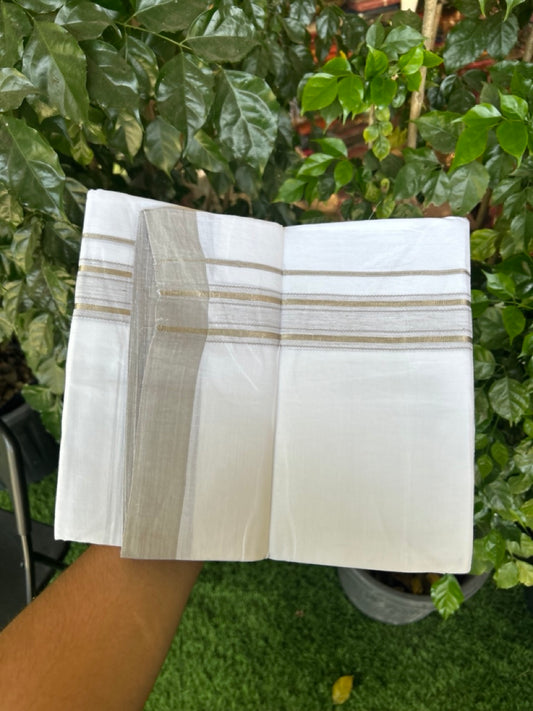 Linen Dhoti New! 20% Discount from Kaitharikada.com - Double Mundu/Dhoti 80x90 Thread Pure White - Pure Cotton + Linen - 1.75 Inch Grey & Silver Kasav Striped Kara 4 mtr (8.5 muzham) - 9 KK5299 THI