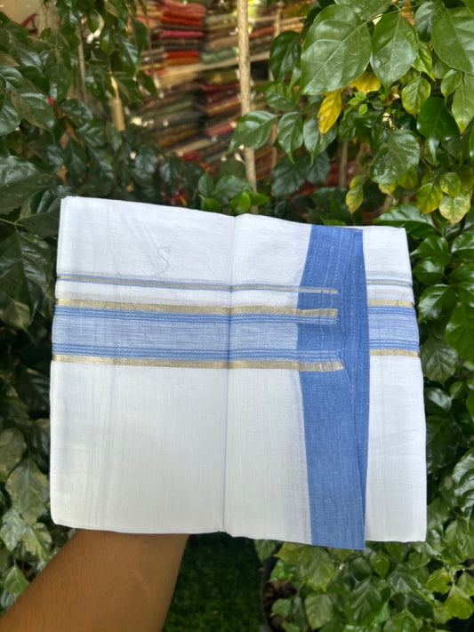 Linen Dhoti New! 20% Discount from Kaitharikada.com - Double Mundu/Dhoti 80x90 Thread Pure White - Pure Cotton + Linen - 1.75 Inch Blue & Silver Kasav Striped Kara 4 mtr (8.5 muzham) - 10 KK5299 THI