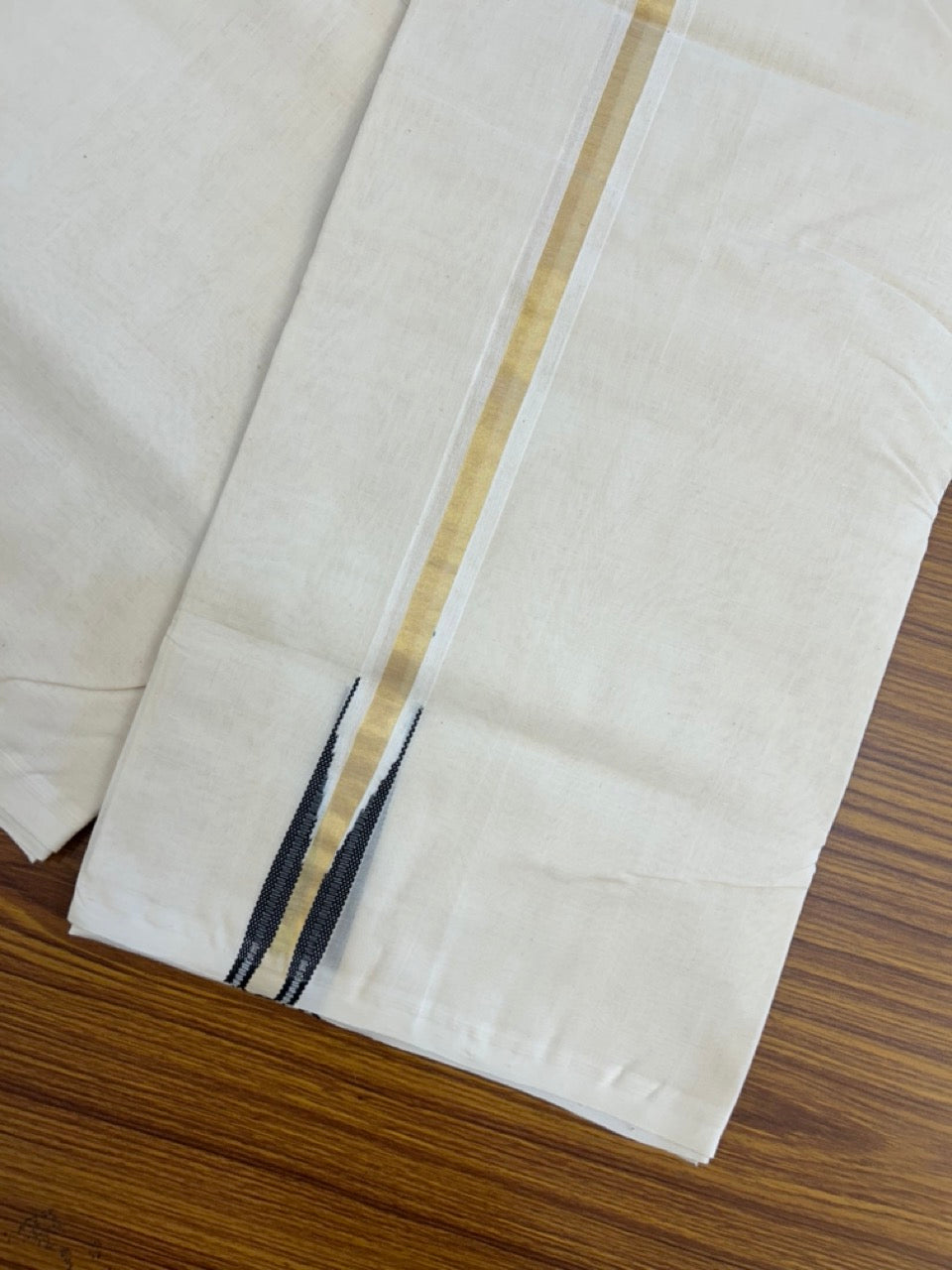 25% DISCOUNT!! KaithariKada HANDLOOM MILLPAAV Balaramapuram - 100% PURE Cotton OFF White Double - (Unbleached) Mundu/Dothi - 80X90 - 1 inch Puliyilakkara Black & Gold Kasavu chutty Kara 4 mtr (8.5 Muzham)- 52 KK5234 RAM