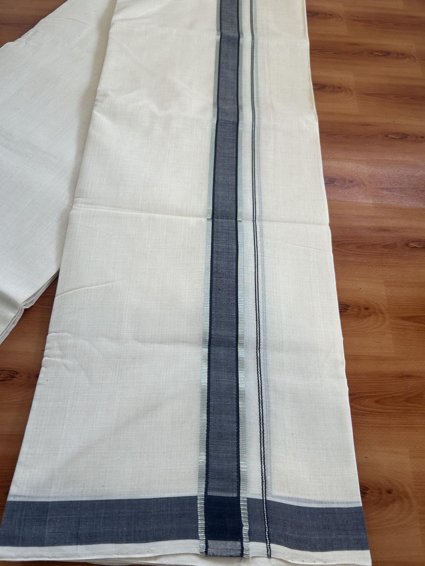 Double Off White (Unbleached) Mundu/Dhoti- 25% Discount KaithariKada Handloom Unakkupaav - Kerala Handloom - 100% Pure Cotton (100x80) - 1 Inch Silver Kasav & Greyish Navy Blue Shaded Kara 3.80 mtr (8 muzham) - 4 KK5397 ELA