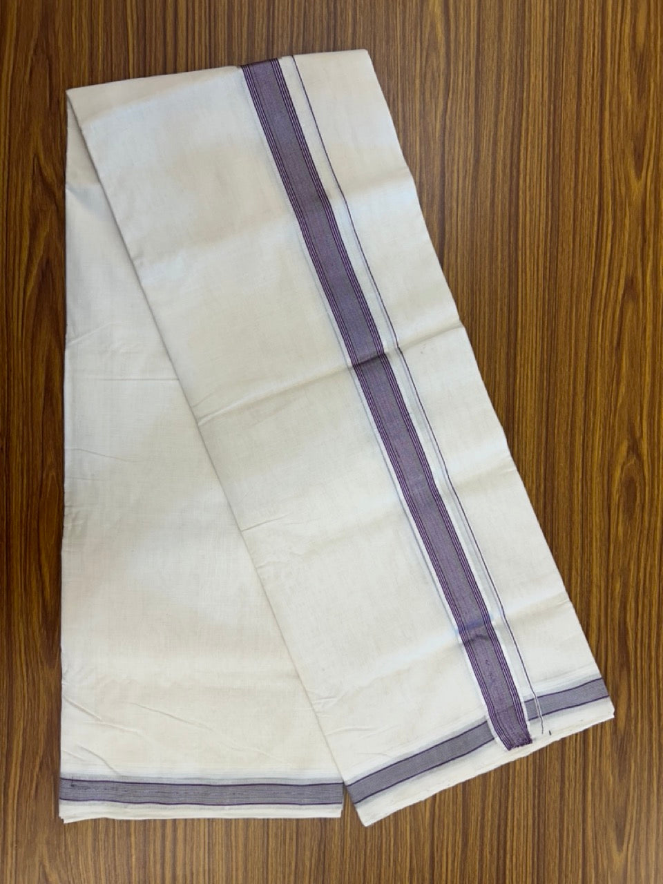 25% DISCOUNT!! KaithariKada HANDLOOM UNAKKUPAAV Balaramapuram - 100% PURE Cotton OFF White Double - (Unbleached) Mundu/Dothi - 1.5 Inch Silver Kasav Violet & Brown Stripes kara 4 mtr (8.5 muzham) - 53 KK5234 RAM