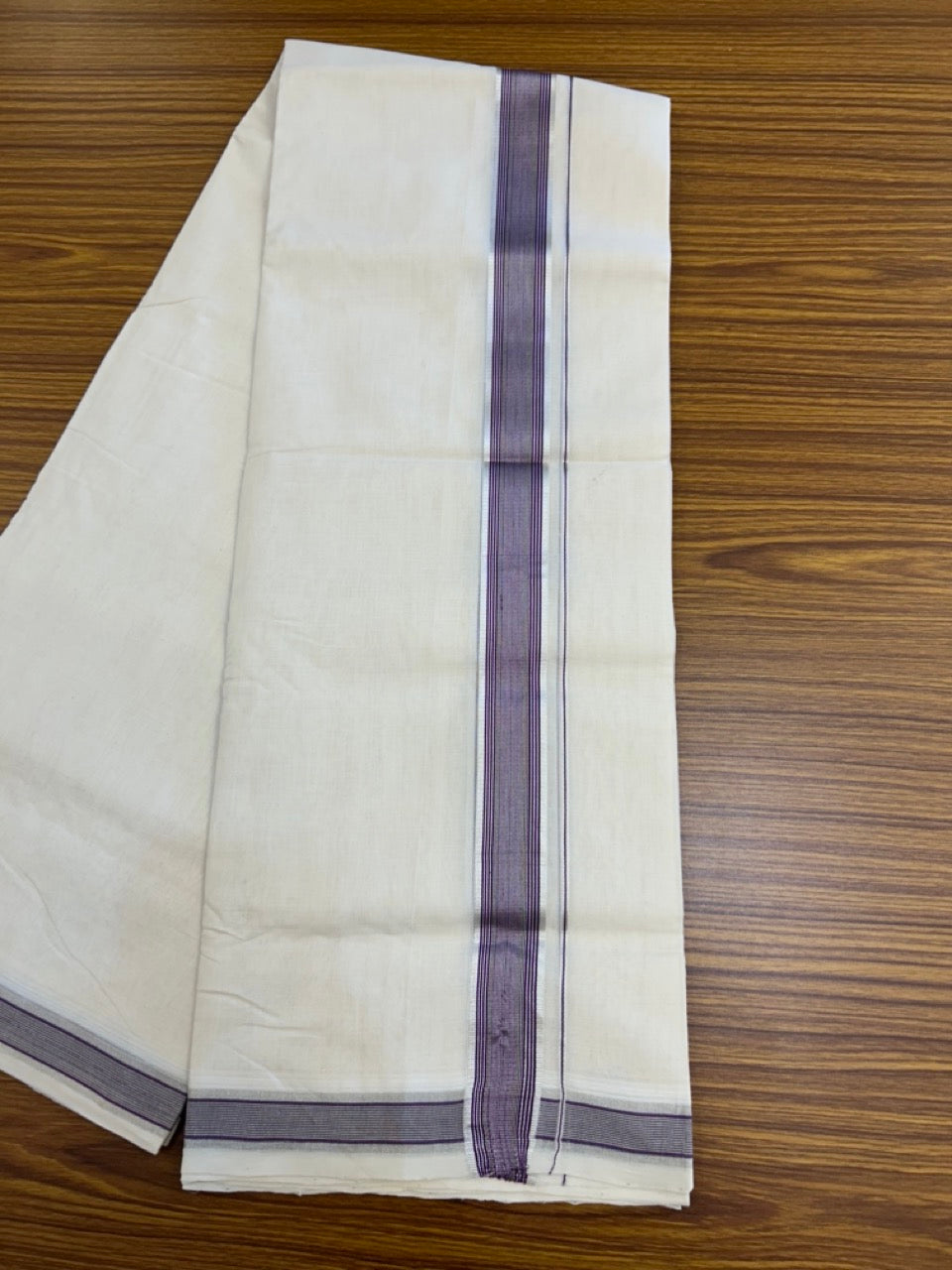 25% DISCOUNT!! KaithariKada HANDLOOM UNAKKUPAAV Balaramapuram - 100% PURE Cotton OFF White Double - (Unbleached) Mundu/Dothi - 1.5 Inch Silver Kasav Violet & Brown Stripes kara 4 mtr (8.5 muzham) - 53 KK5234 RAM