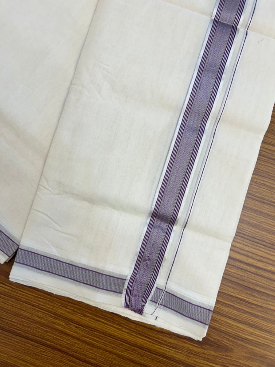 25% DISCOUNT!! KaithariKada HANDLOOM UNAKKUPAAV Balaramapuram - 100% PURE Cotton OFF White Double - (Unbleached) Mundu/Dothi - 1.5 Inch Silver Kasav Violet & Brown Stripes kara 4 mtr (8.5 muzham) - 53 KK5234 RAM