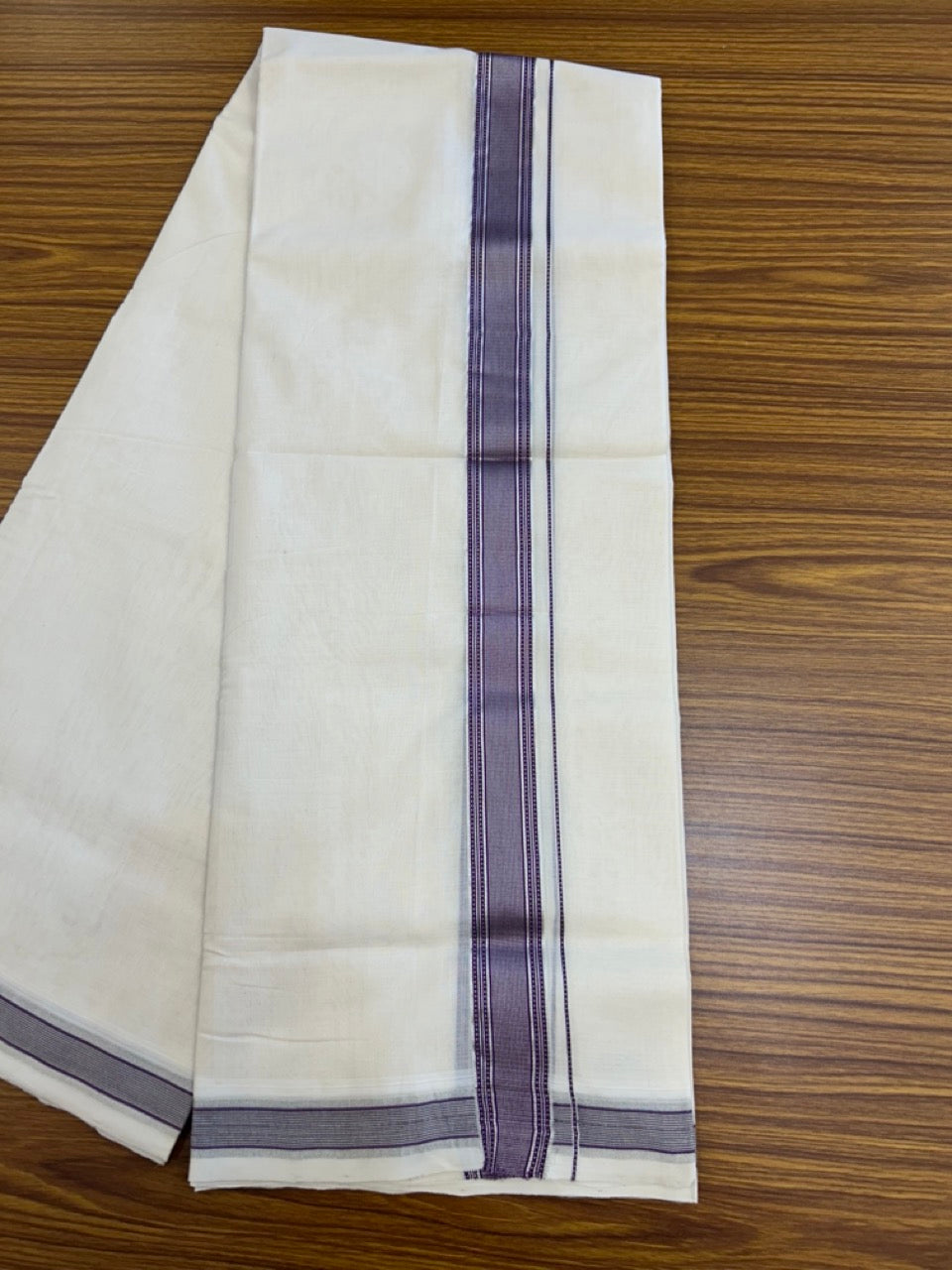 25% DISCOUNT!! KaithariKada HANDLOOM UNAKKUPAAV Balaramapuram - 100% PURE Cotton OFF White Double - (Unbleached) Mundu/Dothi - 1.5 Inch Silver Kasav & Violet Stripes kara 4 mtr (8.5 muzham) - 54 KK5234 RAM