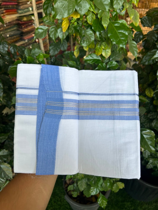 Linen Dhoti New! 20% Discount from Kaitharikada.com - Double Mundu/Dhoti 80x90 Thread Pure White - Pure Cotton + Linen - 1.75 Inch Blue & Silver Kasav Striped Kara 4 mtr (8.5 muzham) - 14 KK5299 THI