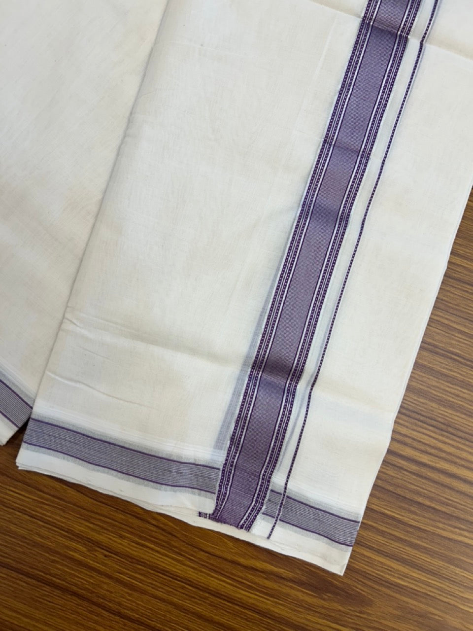 25% DISCOUNT!! KaithariKada HANDLOOM UNAKKUPAAV Balaramapuram - 100% PURE Cotton OFF White Double - (Unbleached) Mundu/Dothi - 1.5 Inch Silver Kasav & Violet Stripes kara 4 mtr (8.5 muzham) - 54 KK5234 RAM