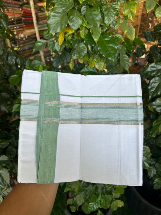Linen Dhoti New! 20% Discount from Kaitharikada.com - Double Mundu/Dhoti 80x90 Thread Pure White - Pure Cotton + Linen - 1.75 Inch Light Green & Silver Kasav Striped Kara 4 mtr (8.5 muzham) - 13 KK5299 THI