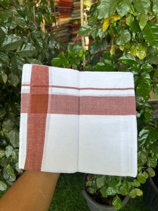 Linen Dhoti New! 20% Discount from Kaitharikada.com - Double Mundu/Dhoti 80x90 Thread Pure White - Pure Cotton + Linen - 1.75 Inch Brown Red Shaded Kara 4 mtr (8.5 muzham) - 17 KK5299 THI