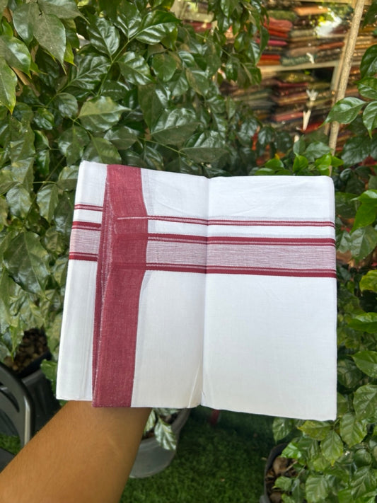 Linen Dhoti New! 20% Discount from Kaitharikada.com - Double Mundu/Dhoti 80x90 Thread Pure White - Pure Cotton + Linen - 1.75 Inch Maroon Stripes Shaded Kara 4 mtr (8.5 muzham) - 19 KK5299 THI