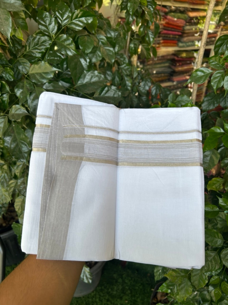 Linen Dhoti New! 20% Discount from Kaitharikada.com - Double Mundu/Dhoti 80x90 Thread Pure White - Pure Cotton + Linen - 1.75 Inch Grey & Silver kasav Striped Kara 4 mtr (8.5 muzham) - 1 KK5299 THI
