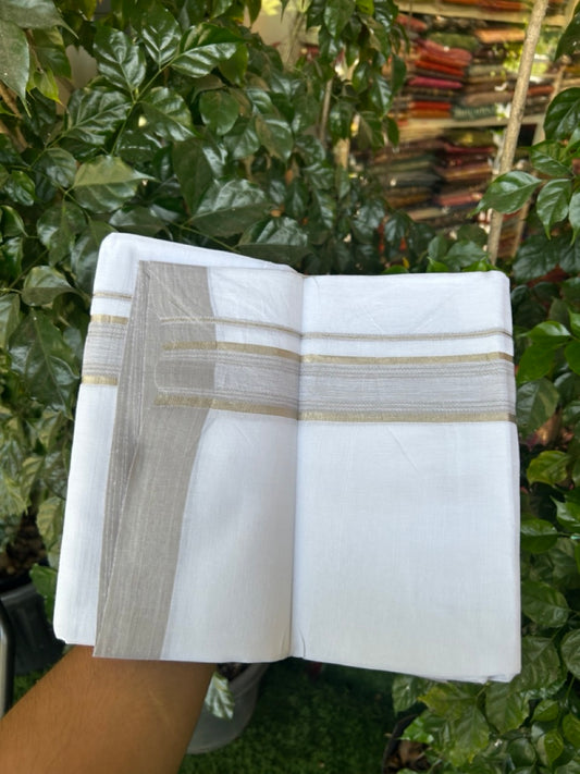 Linen Dhoti New! 20% Discount from Kaitharikada.com - Double Mundu/Dhoti 80x90 Thread Pure White - Pure Cotton + Linen - 1.75 Inch Grey & Silver kasav Striped Kara 4 mtr (8.5 muzham) - 1 KK5299 THI