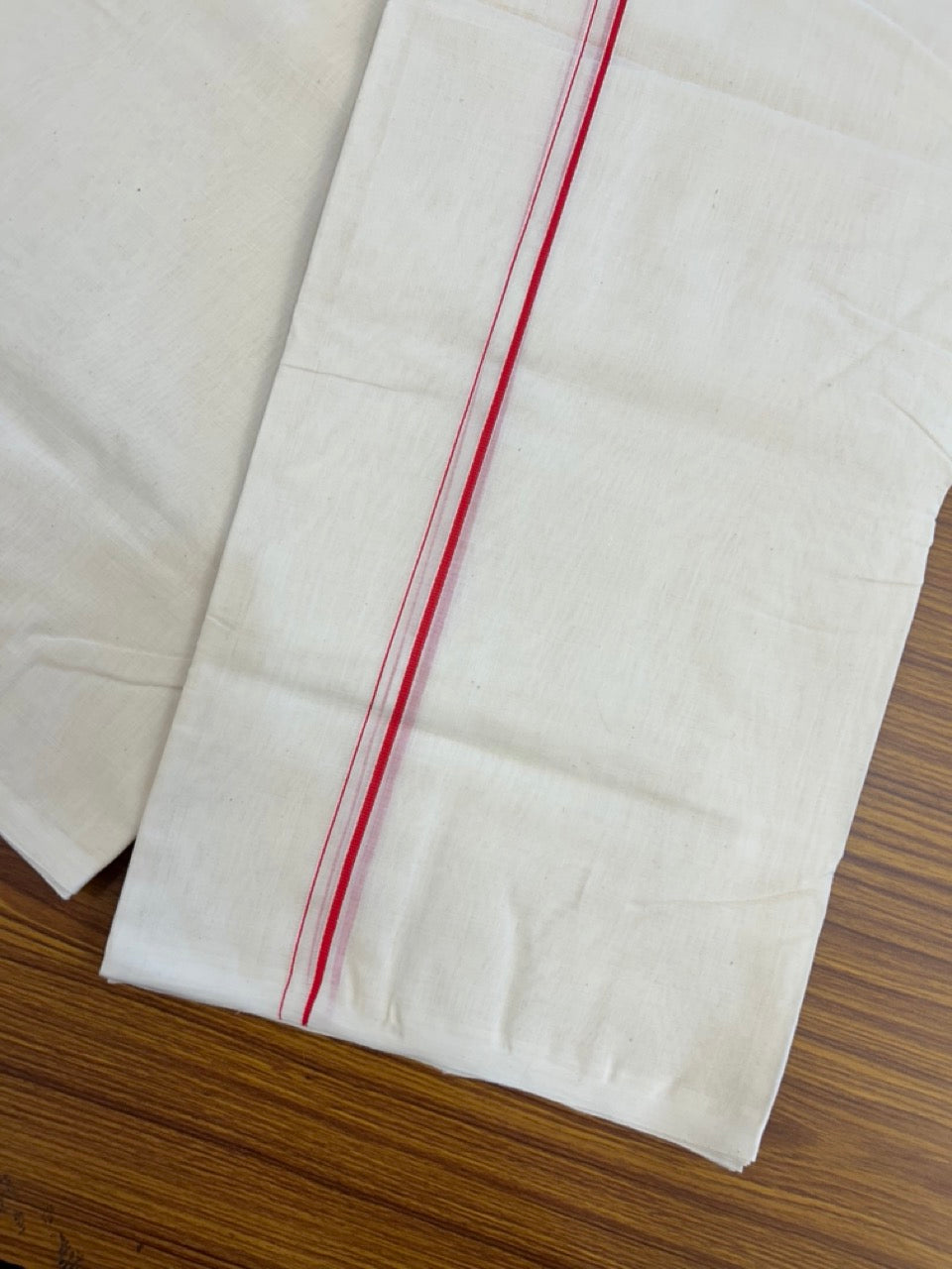 25% DISCOUNT! KaithariKada HANDLOOM Millpaav Balaramapuram - 100% PURE Cotton OFF WHITE (Unbleached) Double Mundu/Dhoti - 80X90 - 0.5 cm Bright Red Kara 4 mtr (8.5 muzham) - 41KK5234 RAM