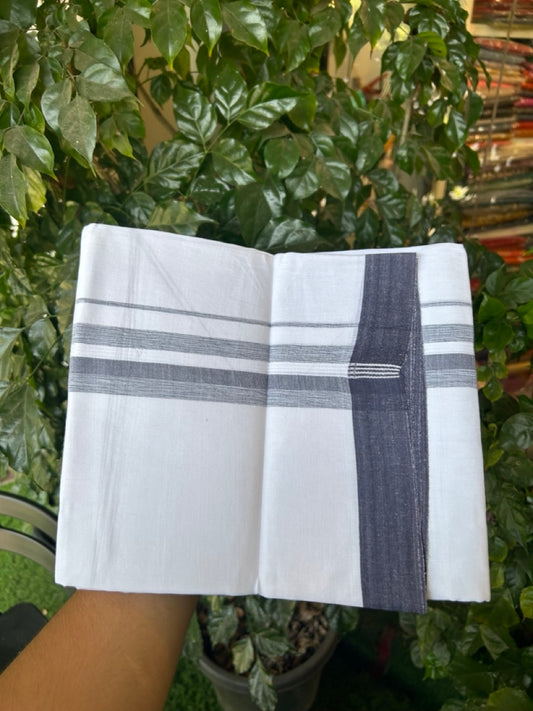 Linen Dhoti New! 20% Discount from Kaitharikada.com - Double Mundu/Dhoti 80x90 Thread Pure White - Pure Cotton + Linen - 1.75 Inch Navy Blue Stripes Shaded Kara 4 mtr (8.5 muzham) - 20 KK5299 THI