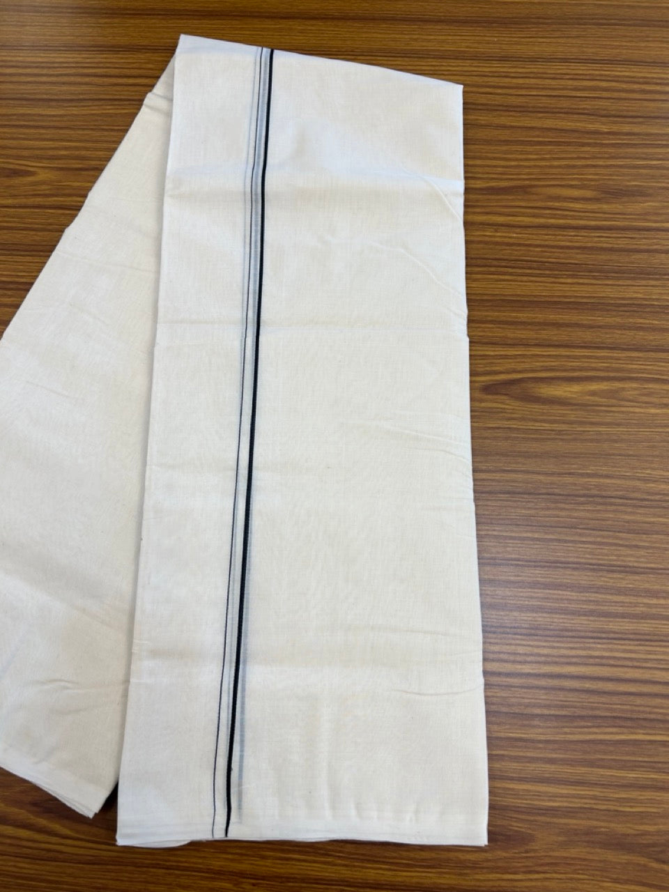 25% DISCOUNT! KaithariKada HANDLOOM Millpaav Balaramapuram - 100% PURE Cotton OFF WHITE (Unbleached) Double Mundu/Dhoti - 80X90 - 0.5 cm Black Kara 4 mtr (8.5 muzham) - 42KK5234 RAM