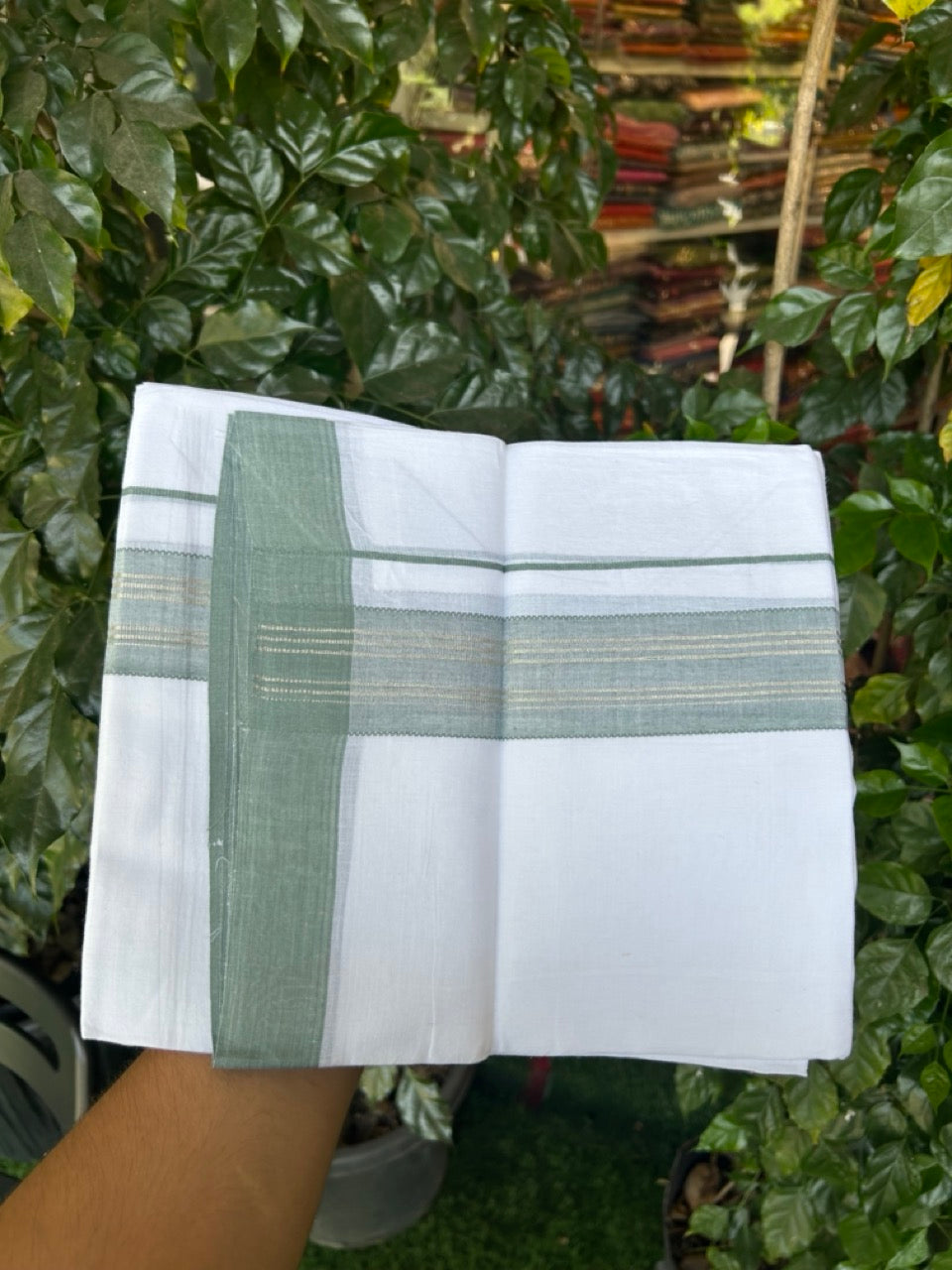 Linen Dhoti New! 20% Discount from Kaitharikada.com - Double Mundu/Dhoti 80x90 Thread Pure White - Pure Cotton + Linen - 1.75 Inch Light Sea Green & Silver kasav Striped Kara 4 mtr (8.5 muzham) - 2 KK5299 THI