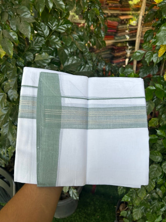 Linen Dhoti New! 20% Discount from Kaitharikada.com - Double Mundu/Dhoti 80x90 Thread Pure White - Pure Cotton + Linen - 1.75 Inch Light Sea Green & Silver kasav Striped Kara 4 mtr (8.5 muzham) - 2 KK5299 THI