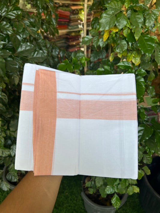 Linen Dhoti New! 20% Discount from Kaitharikada.com - Double Mundu/Dhoti 80x90 Thread Pure White - Pure Cotton + Linen - 1.75 Inch Peach Oange Shaded Kara 4 mtr (8.5 muzham) - 15 KK5299 THI