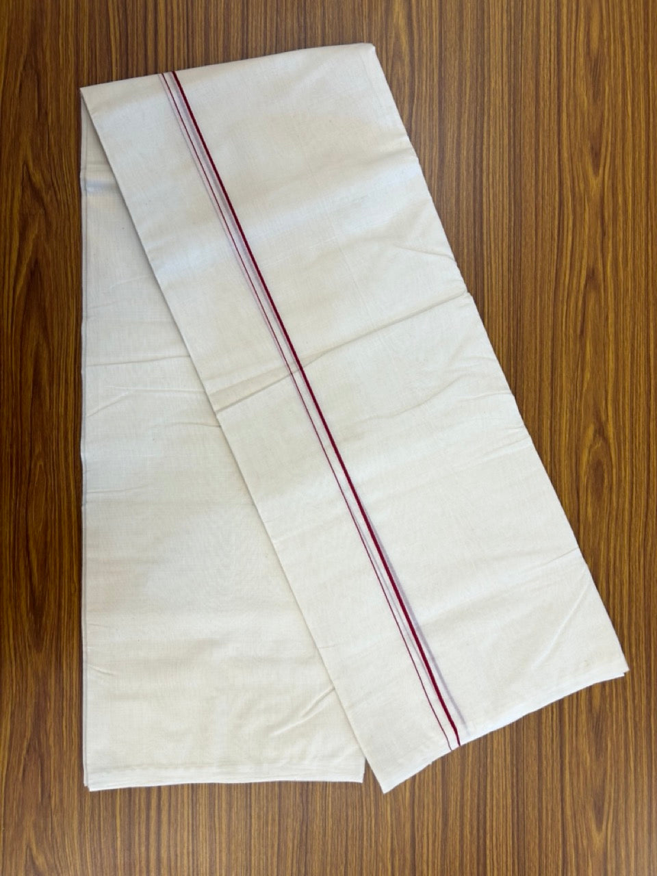 25% DISCOUNT! KaithariKada HANDLOOM Millpaav Balaramapuram - 100% PURE Cotton OFF WHITE (Unbleached) Double Mundu/Dhoti - 80X90 - 0.5 cm Maroon Kara 4 mtr (8.5 muzham) - 43KK5234 RAM