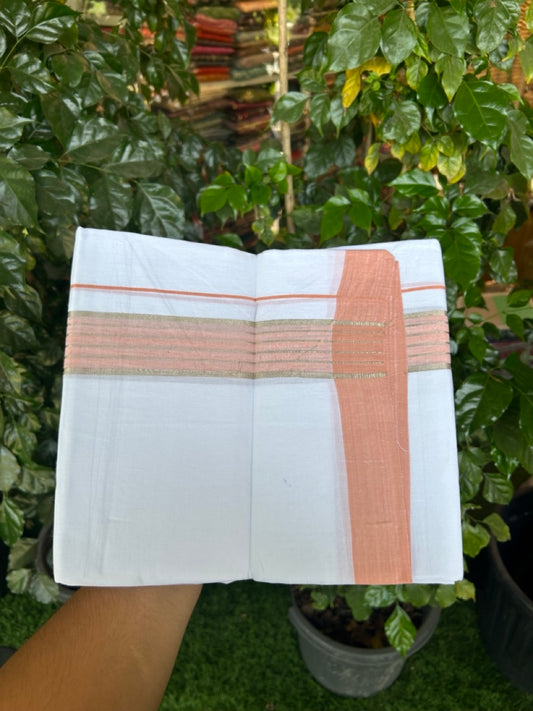 Linen Dhoti New! 20% Discount from Kaitharikada.com - Double Mundu/Dhoti 80x90 Thread Pure White - Pure Cotton + Linen - 1.75 Inch Peach Orange & Silver kasav Striped Kara 4 mtr (8.5 muzham) - 8 KK5299 THI