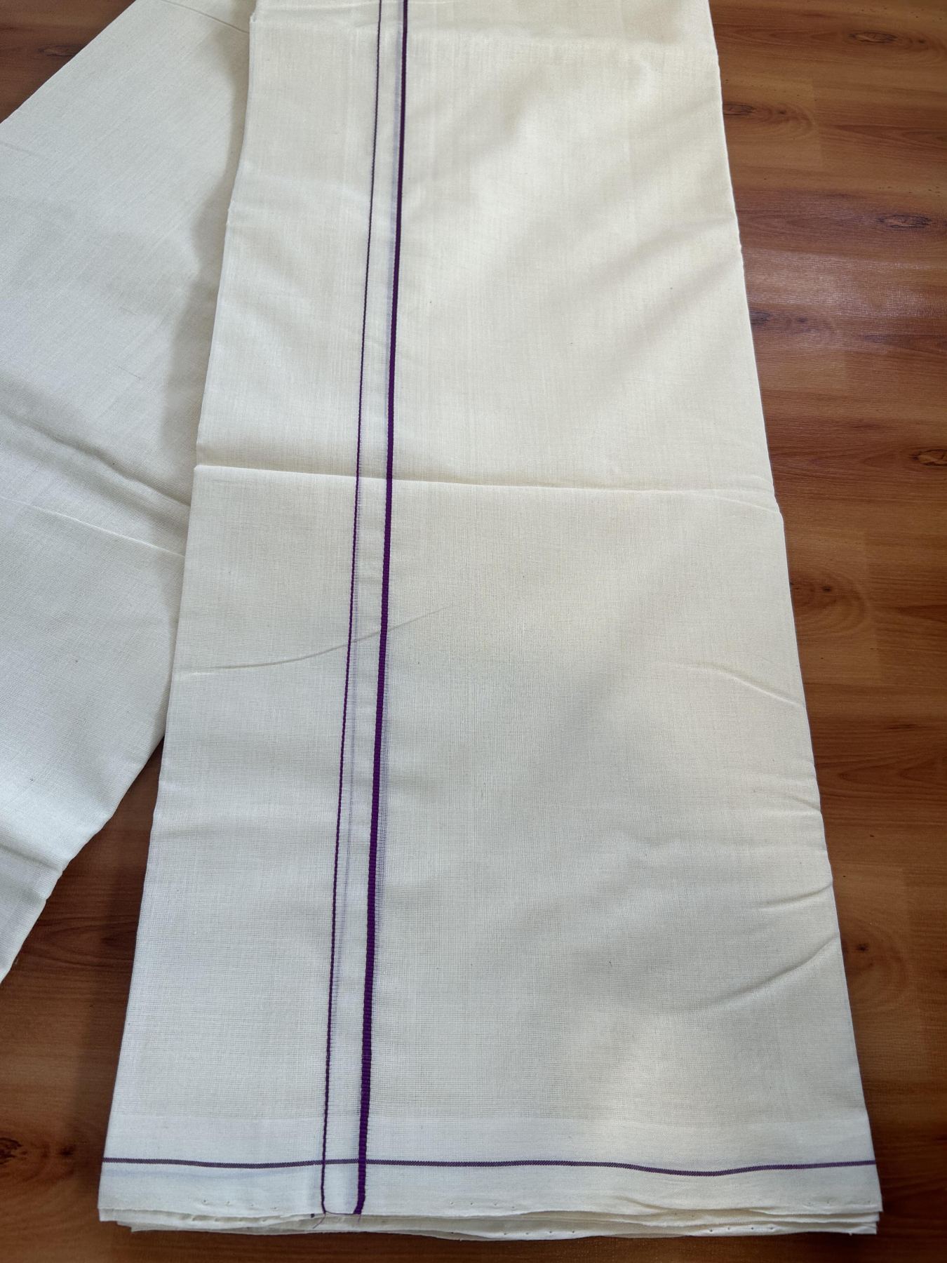 Double Off White (Unbleached) Mundu/Dhoti- 25% Discount KaithariKada Handloom Unakkupaav - Kerala Handloom - 100% Pure Cotton (100x80) - 0.2 cm Violet Thin Kara 3.80 mtr (8 muzham) - 1 KK5397 ELA