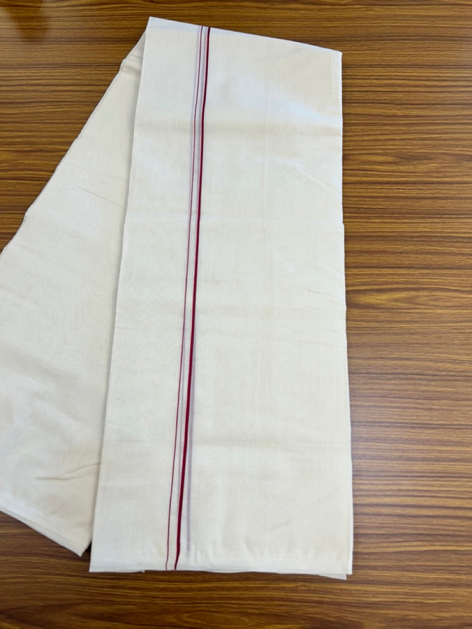 25% DISCOUNT! KaithariKada HANDLOOM Millpaav Balaramapuram - 100% PURE Cotton OFF WHITE (Unbleached) Double Mundu/Dhoti - 80X90 - 0.5 cm Maroon Kara 4 mtr (8.5 muzham) - 43KK5234 RAM
