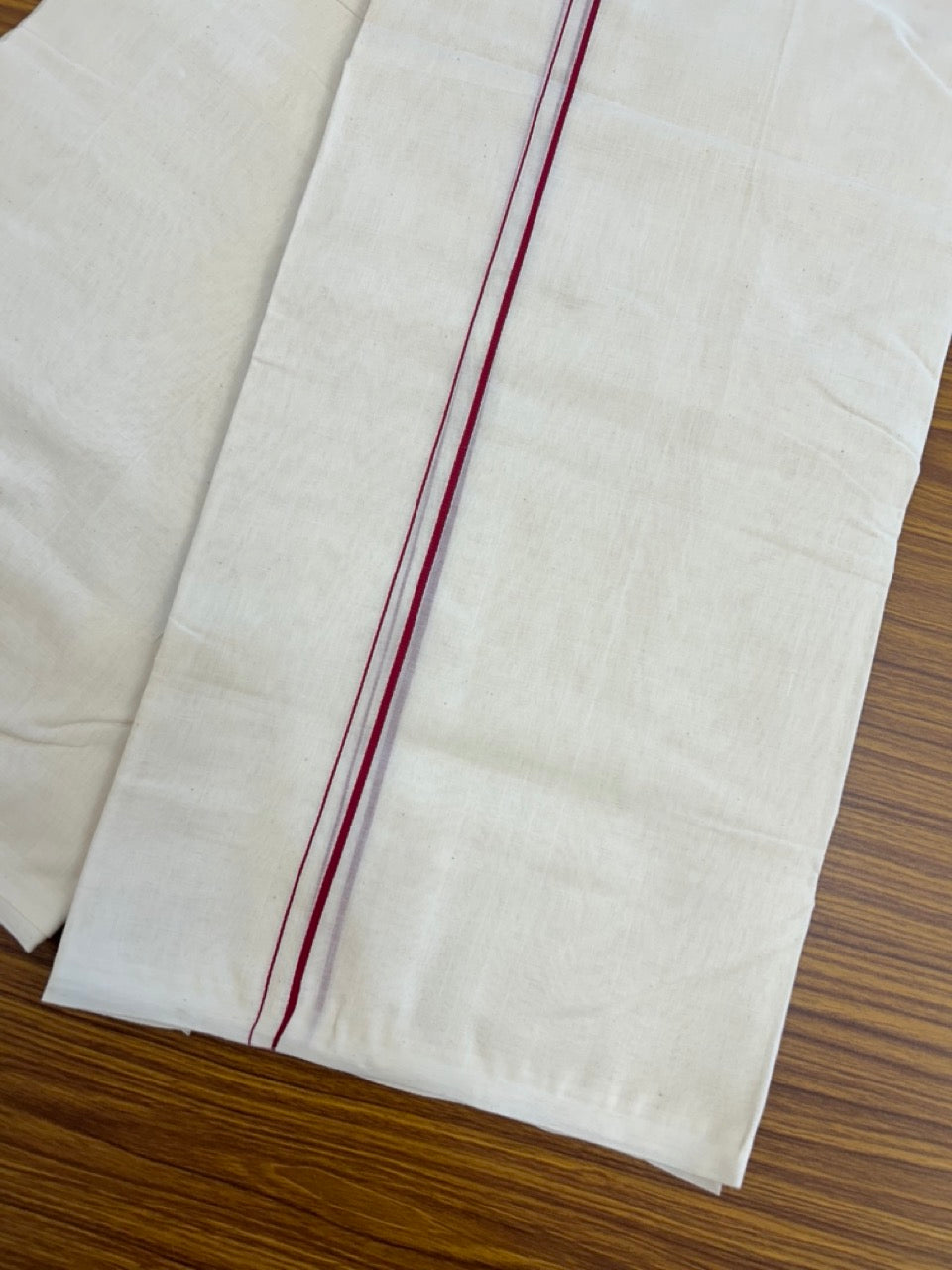 25% DISCOUNT! KaithariKada HANDLOOM Millpaav Balaramapuram - 100% PURE Cotton OFF WHITE (Unbleached) Double Mundu/Dhoti - 80X90 - 0.5 cm Maroon Kara 4 mtr (8.5 muzham) - 43KK5234 RAM