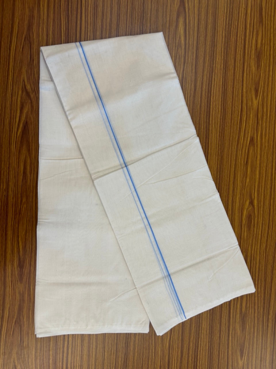 25% DISCOUNT! KaithariKada HANDLOOM Millpaav Balaramapuram - 100% PURE Cotton OFF WHITE (Unbleached) Double Mundu/Dhoti - 80X90 - 0.5 cm Baby Blue Kara 4 mtr (8.5 muzham) - 44KK5234 RAM