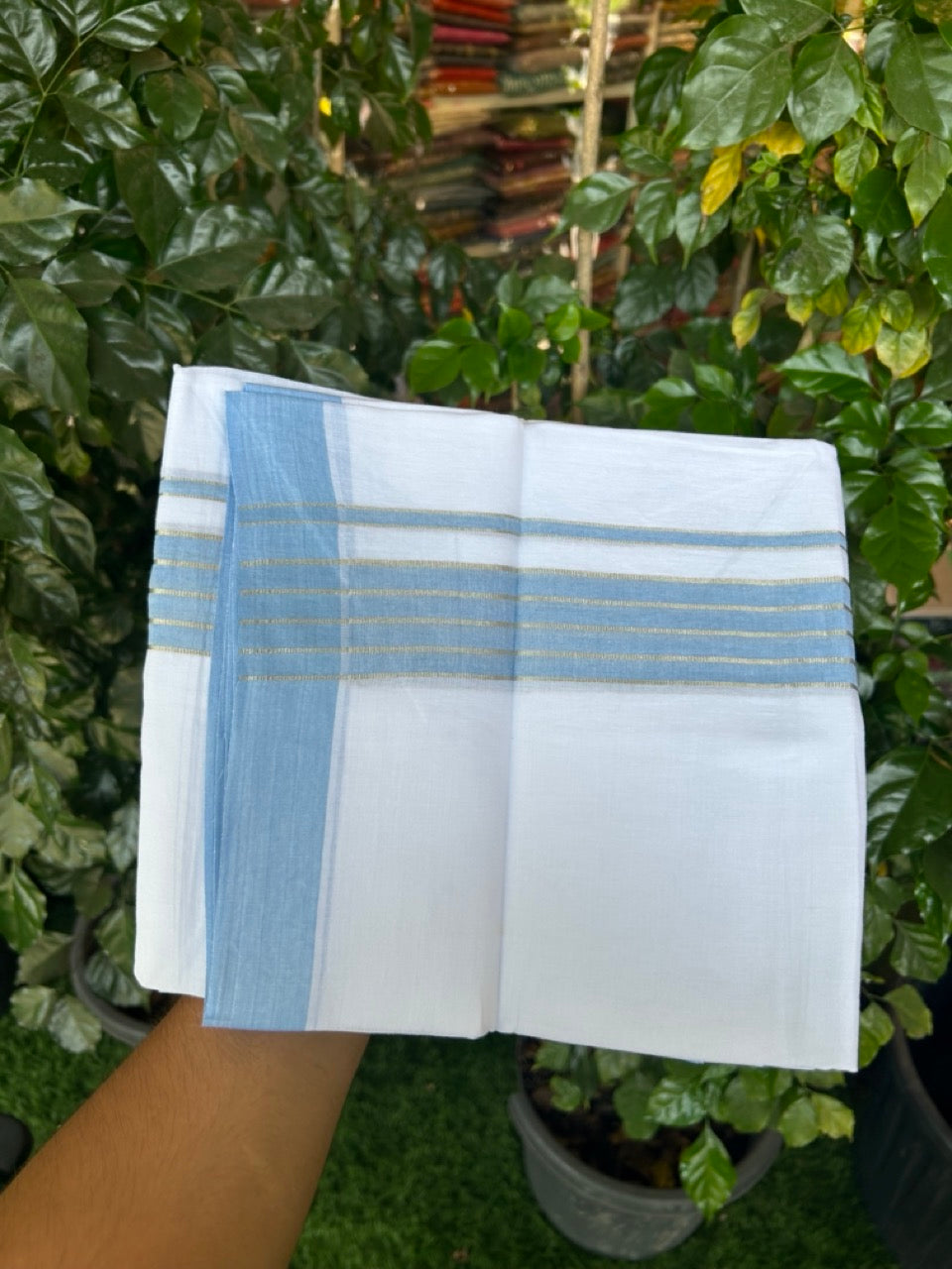 Linen Dhoti New! 20% Discount from Kaitharikada.com - Double Mundu/Dhoti 80x90 Thread Pure White - Pure Cotton + Linen - 1.75 Inch Light Blue & Silver kasav Striped Kara 4 mtr (8.5 muzham) - 6 KK5299 THI
