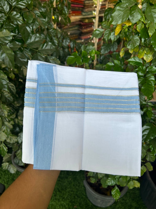 Linen Dhoti New! 20% Discount from Kaitharikada.com - Double Mundu/Dhoti 80x90 Thread Pure White - Pure Cotton + Linen - 1.75 Inch Light Blue & Silver kasav Striped Kara 4 mtr (8.5 muzham) - 6 KK5299 THI