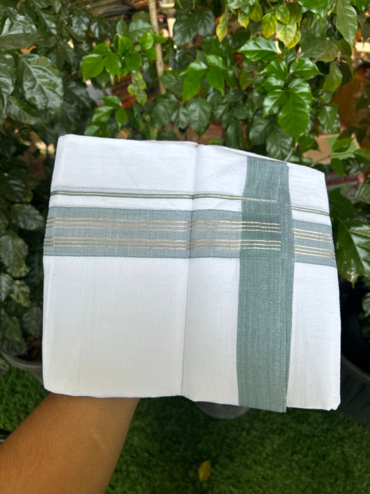 Linen Dhoti New! 20% Discount from Kaitharikada.com - Double Mundu/Dhoti 80x90 Thread Pure White - Pure Cotton + Linen - 1.75 Inch Light Sea Green & Silver Kasav Striped Kara 4 mtr (8.5 muzham) - 11 KK5299 THI