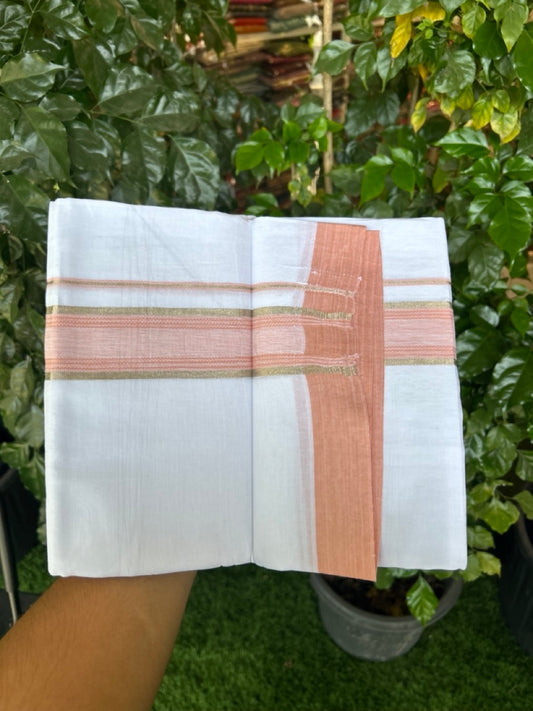 Linen Dhoti New! 20% Discount from Kaitharikada.com - Double Mundu/Dhoti 80x90 Thread Pure White - Pure Cotton + Linen - 1.75 Inch Light Orange & Silver Kasav Striped Kara 4 mtr (8.5 muzham) - 12 KK5299 THI