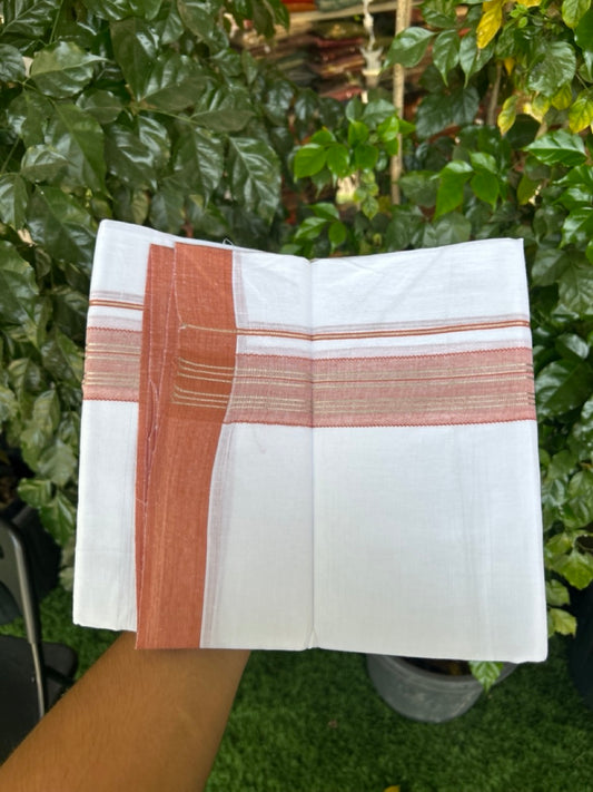 Linen Dhoti New! 20% Discount from Kaitharikada.com - Double Mundu/Dhoti 80x90 Thread Pure White - Pure Cotton + Linen - 1.75 Inch Rust Orange & Silver kasav Striped Kara 4 mtr (8.5 muzham) - 5 KK5299 THI