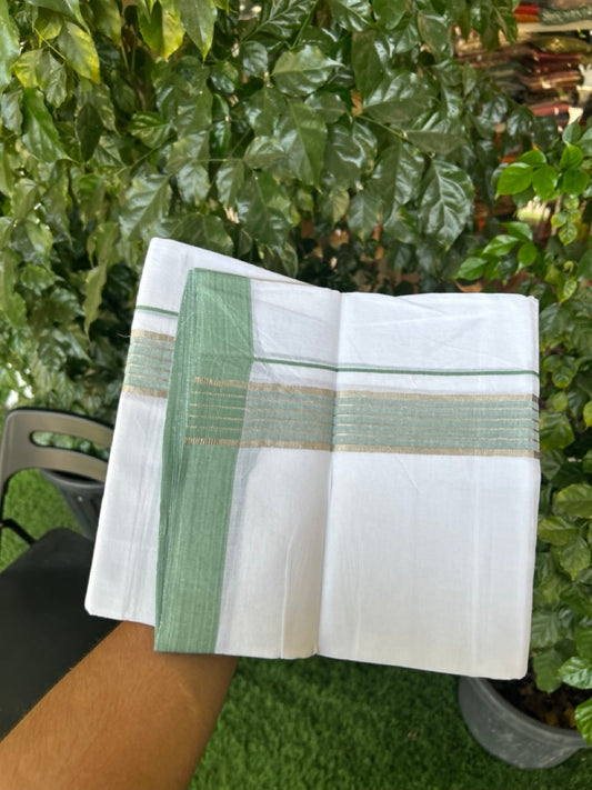 Linen Dhoti New! 20% Discount from Kaitharikada.com - Double Mundu/Dhoti 80x90 Thread Pure White - Pure Cotton + Linen - 1.75 Inch Light Green & Silver kasav Striped Kara 4 mtr (8.5 muzham) - 7 KK5299 THI
