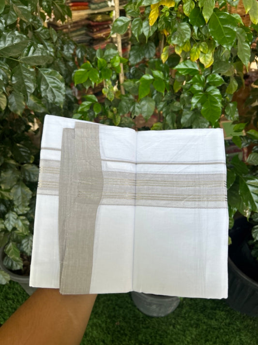 Linen Dhoti New! 20% Discount from Kaitharikada.com - Double Mundu/Dhoti 80x90 Thread Pure White - Pure Cotton + Linen - 1.75 Inch Grey & Silver kasav Striped Kara 4 mtr (8.5 muzham) - 4 KK5299 THI