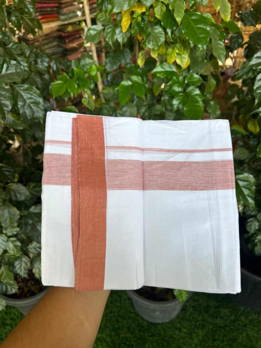 Linen Dhoti New! 20% Discount from Kaitharikada.com - Double Mundu/Dhoti 80x90 Thread Pure White - Pure Cotton + Linen - 1.75 Inch Rust Orange Shaded Kara 4 mtr (8.5 muzham) - 16 KK5299 THI