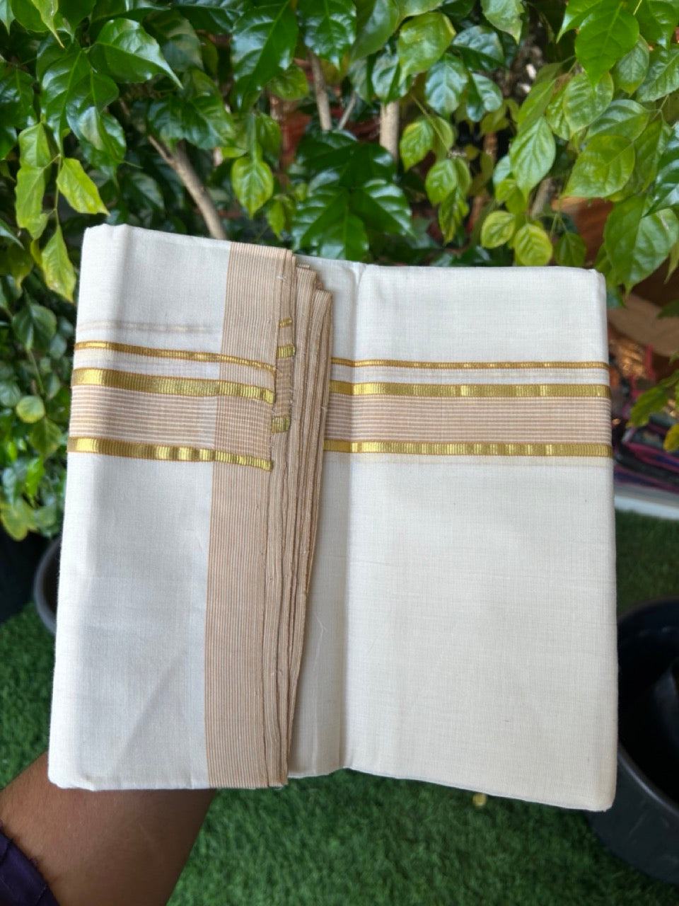 25% DISCOUNT!! KaithariKada HANDLOOM Millpaav Balaramapuram - 100% PURE Cotton OFF White Double (Unbleached) Mundu/Dothi - 80x90 - 1.5 Inch Gold Kasavu & Light Orange Stripes Kara 4 mtr (8.5 muzham) - 7KK5234 RAM