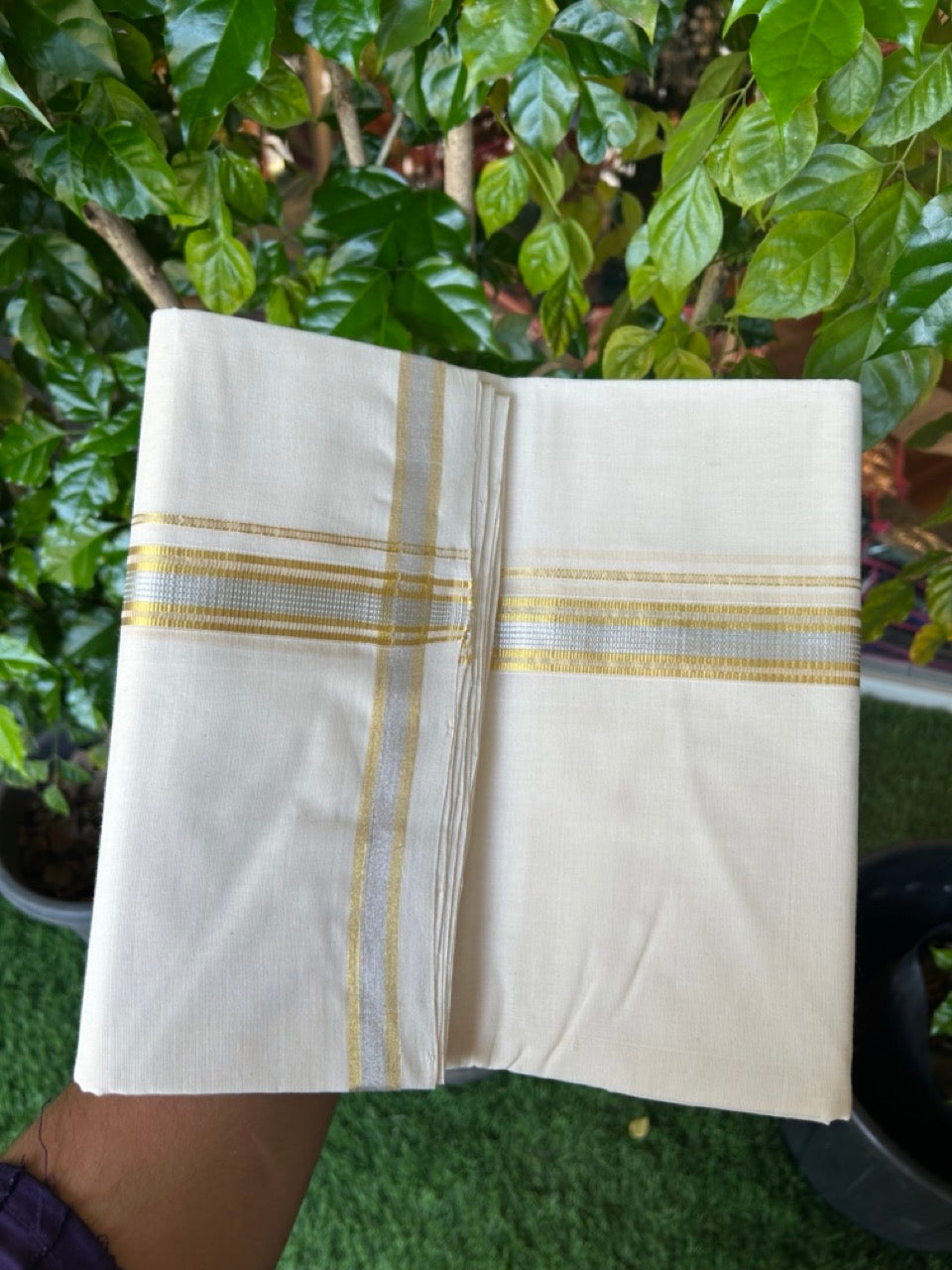 25% Discount ! KaithariKada HANDLOOM MILLPAAV Balaramapuram - 100% PURE Cotton Off White - (Unbleached) Double Mundu/Dhoti - 80X90 - 1 inch Gold Kasavu & Silver Kasavu Stripes Kara 4 mtr (8.5 muzham)- 17KK5234 RAM