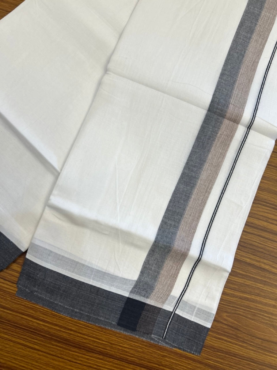 20% Discount ! Kaitharikada Balaramapuram 100% Cotton Pure White Double Mundu/Dothi - 60s - 1.5 inch Light Brown & Black Shaded Kara 3.80 mtr (8 muzham) - 50 KK5299 THI