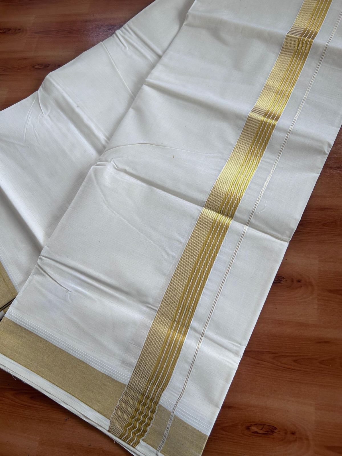 Off White (Unbleached) Double Mundu/Dhoti - 20% Discount ! KaithariKada - Pure cotton - 100x80 - 1.5 inch Gold Kasav Striped Kara 4 mtr (8.5 muzham) - 6 KK5514 VIN