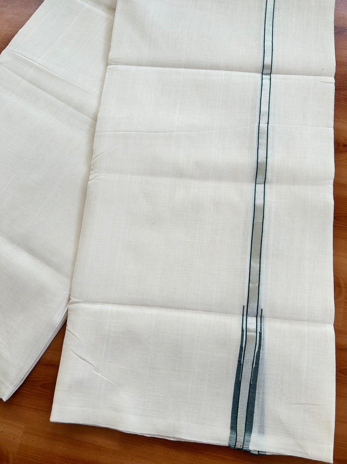 Double Off White - (Unbleached) Mundu/Dothi- 25% Discount!! KaithariKada Handloom Unakkupaav - Kerala Handloom - Pure Cotton - 80X90 - 0.5 inch Puliyilakkara Silver Kasav & Green Chutty Kara 4 mtr (8.5 muzham) - 9 KK5444 YAR