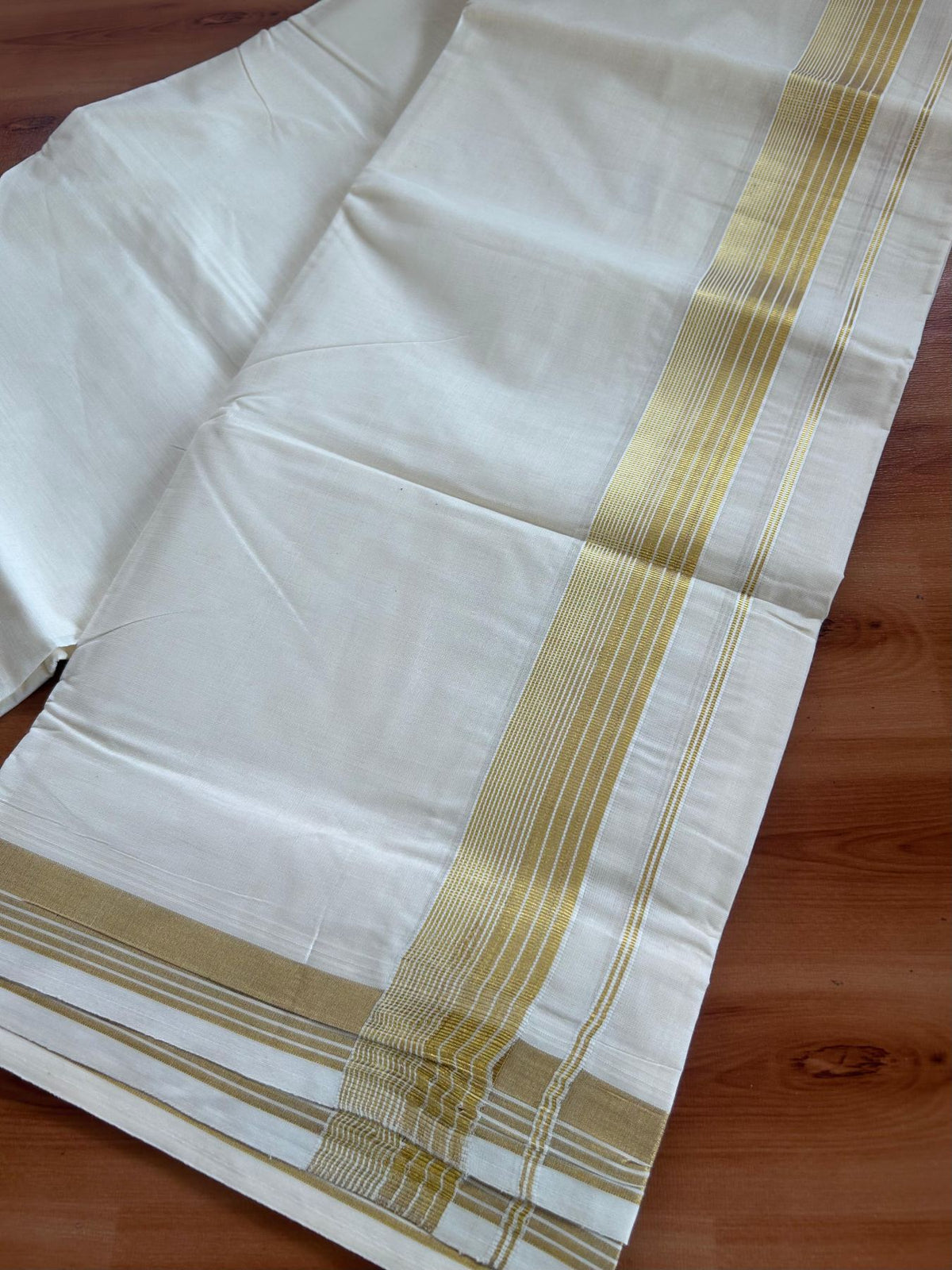 Off White (Unbleached) Double Mundu/Dhoti - 20% Discount ! KaithariKada - Pure cotton - 100x80 - 1.5 inch Gold Kasav Striped Kara 4 mtr (8.5 muzham) - 5 KK5514 VIN