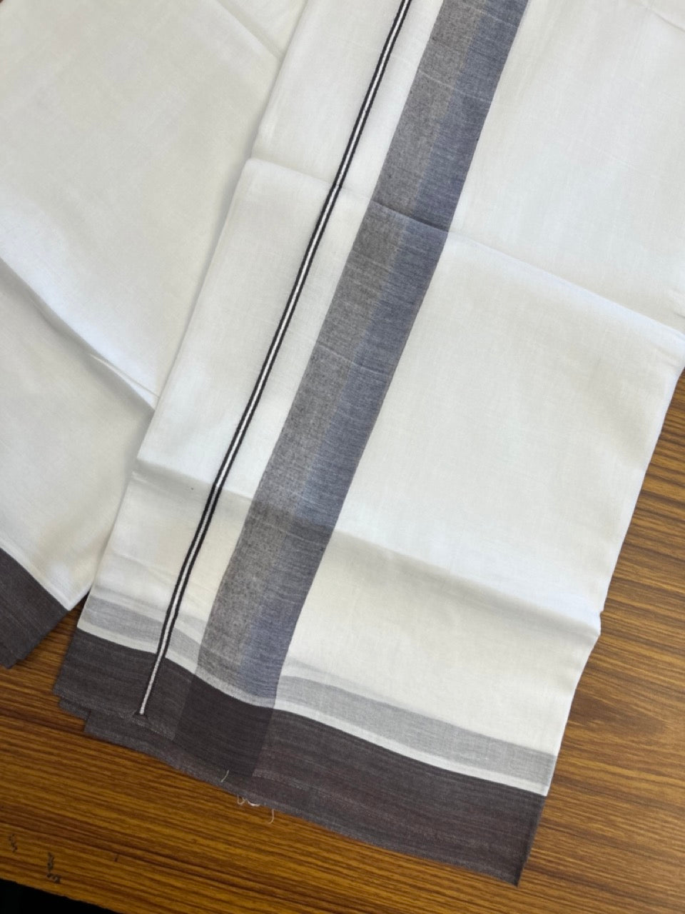 20% Discount ! Kaitharikada Balaramapuram 100% Cotton Pure White Double Mundu/Dothi - 60s - 1.5 inch Light Brown & Dark Brown Kara 3.80 mtr (8 muzham) - 47 KK5299 THI