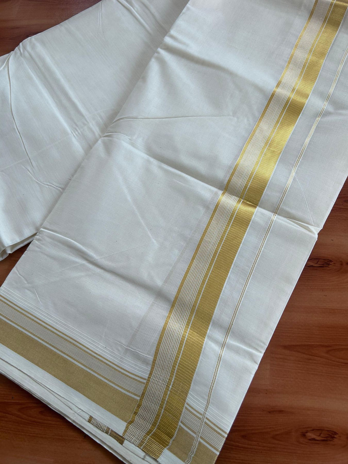 Off White (Unbleached) Double Mundu/Dhoti - 20% Discount ! KaithariKada - Pure cotton - 100x80 - 1.5 inch Gold Kasav Striped Kara 4 mtr (8.5 muzham) - 7 KK5514 VIN