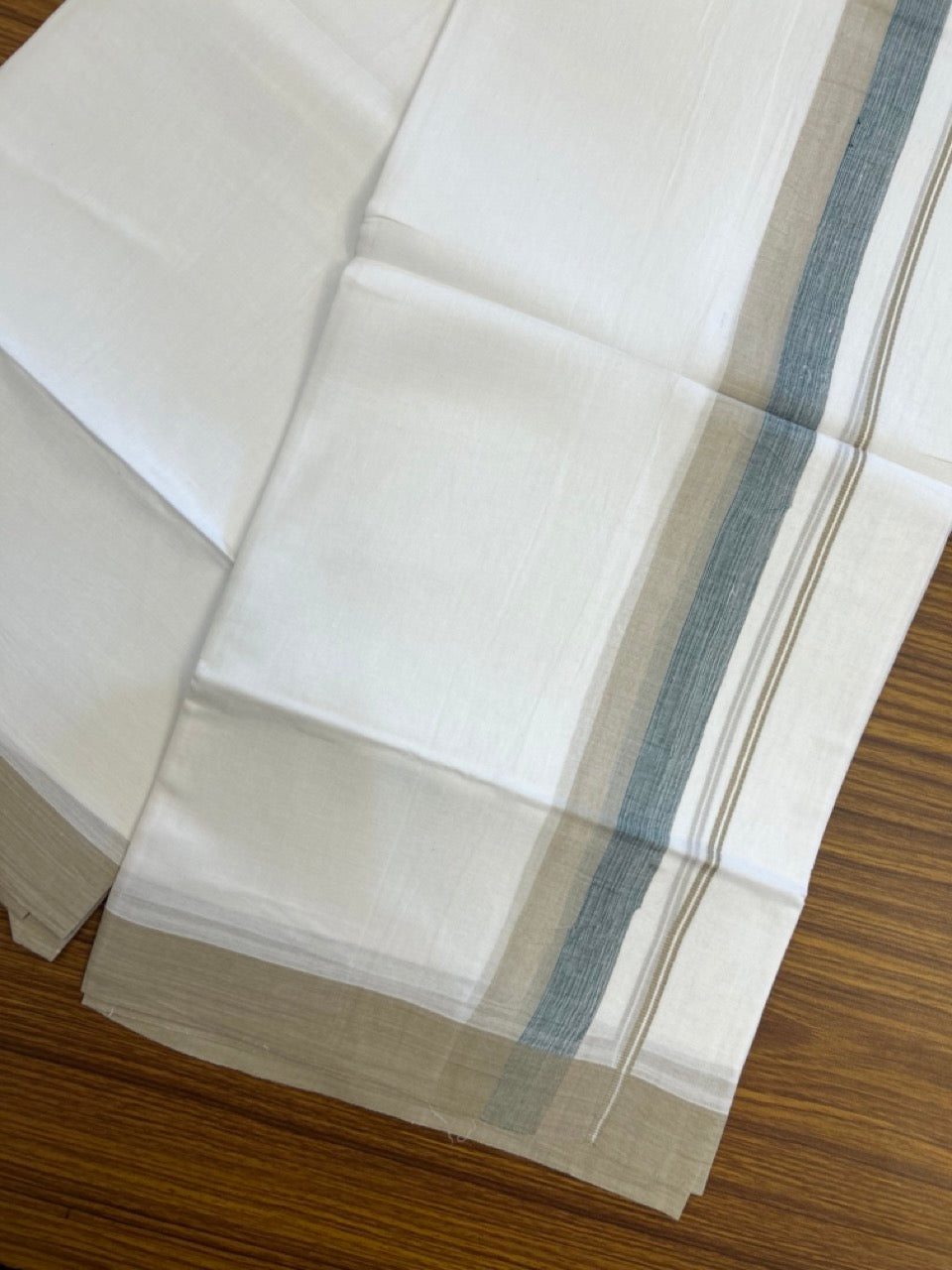 20% Discount ! Kaitharikada Balaramapuram 100% Cotton Pure White Double Mundu/Dothi - 60s - 1.5 inch Green & Beige Shaded Kara 3.80 mtr (8 muzham) - 53 KK5299 THI
