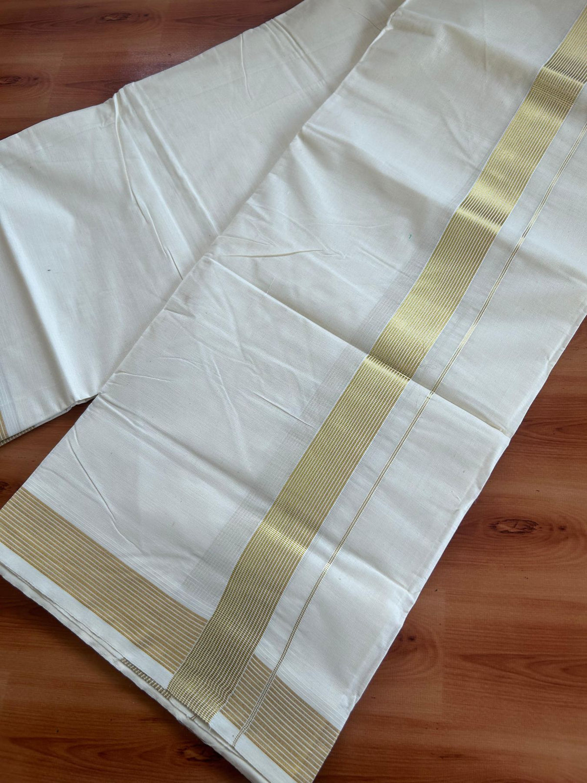Off White (Unbleached) Double Mundu/Dhoti - 20% Discount ! KaithariKada - Pure cotton - 100x80 - 1.5 inch Gold Kasav Striped Kara 4 mtr (8.5 muzham) - 10 KK5514 VIN