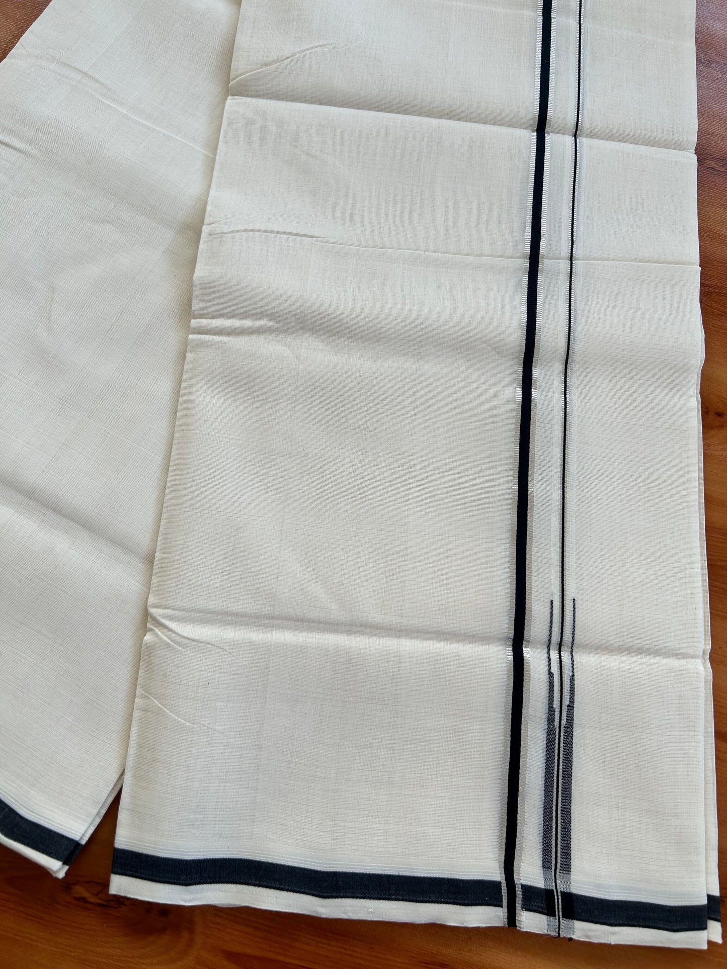 Double Off White - (Unbleached) Mundu/Dothi- 25% Discount!! KaithariKada Handloom Unakkupaav - Kerala Handloom - Pure Cotton - 80X90 - 0.5 inch Puliyilakkara Silver Kasav & Black Chutty Kara 4 mtr (8.5 muzham) - 3 KK5444 YAR